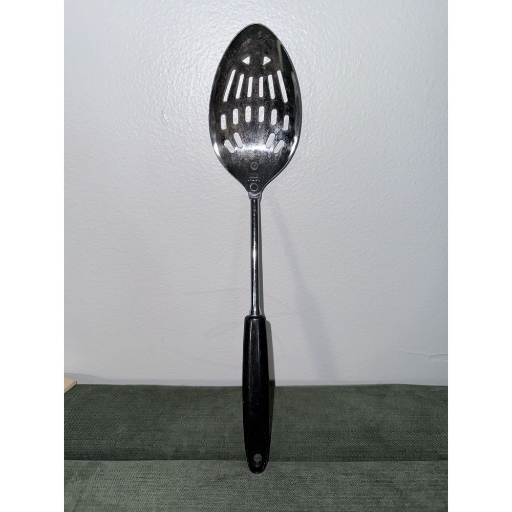 Vintage Ekco Slotted Serving Spoon Chrome Plated Black‎ Plastic Handle